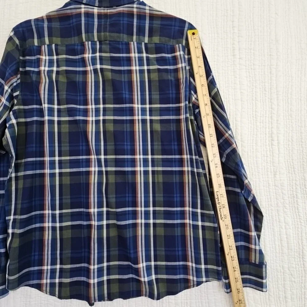 Banana Republic Untucked Slim Fit Shirt Men's L Large Navy Blue Plaid EUC‎ LN